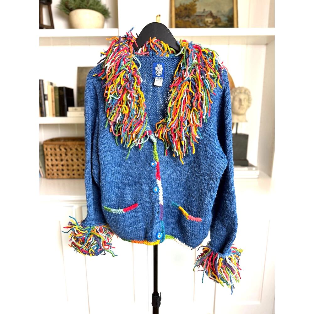 🌈 Amano Handknit Wool Cardigan | M/L | Denim Blue Rainbow Fringe